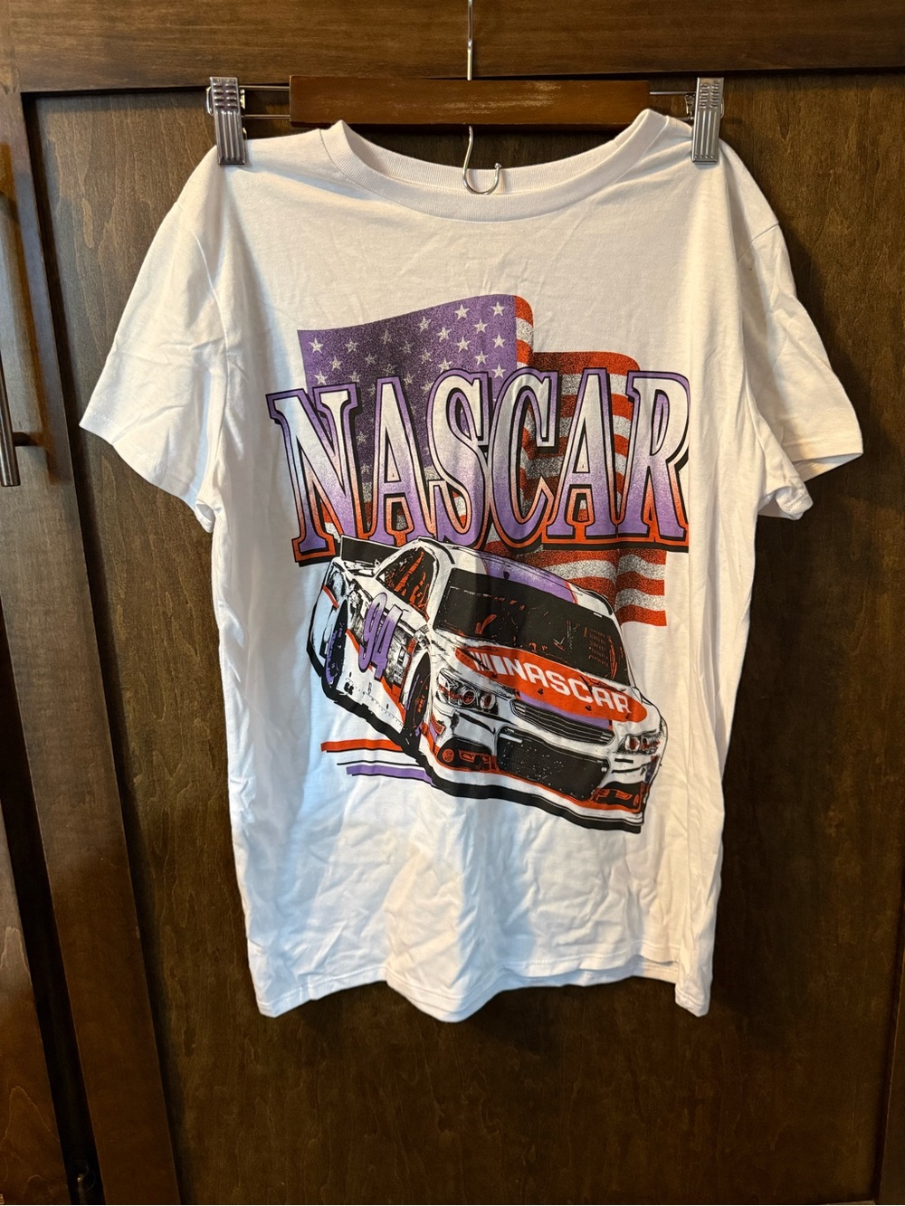 Nascar White Tee with Red and Purple Racecar Graphic
